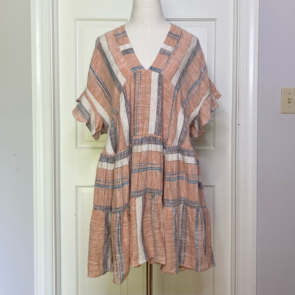 Lulu’s Babydoll Dress Linen Blend Dusty Orange Blue White Stripe Small NWT